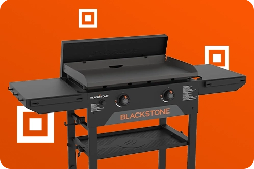 Blackstone Griddle against orange background with Midland logo floating around it