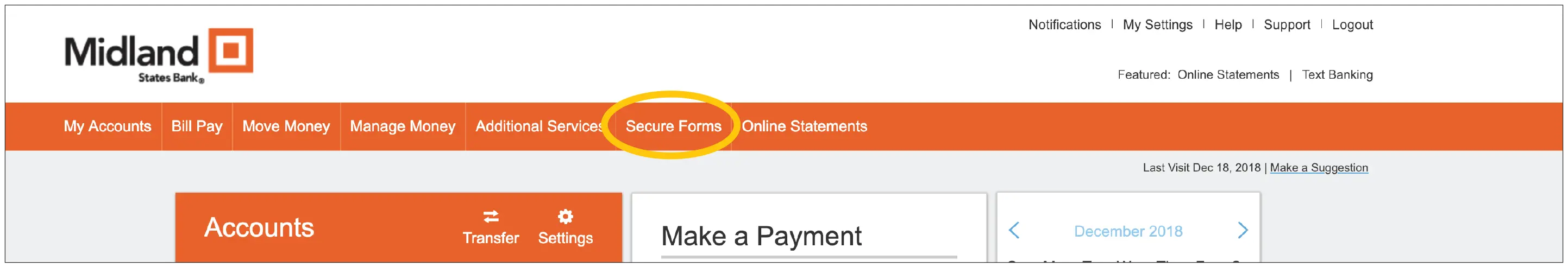 Screen capture showing the secure forms link within online banking