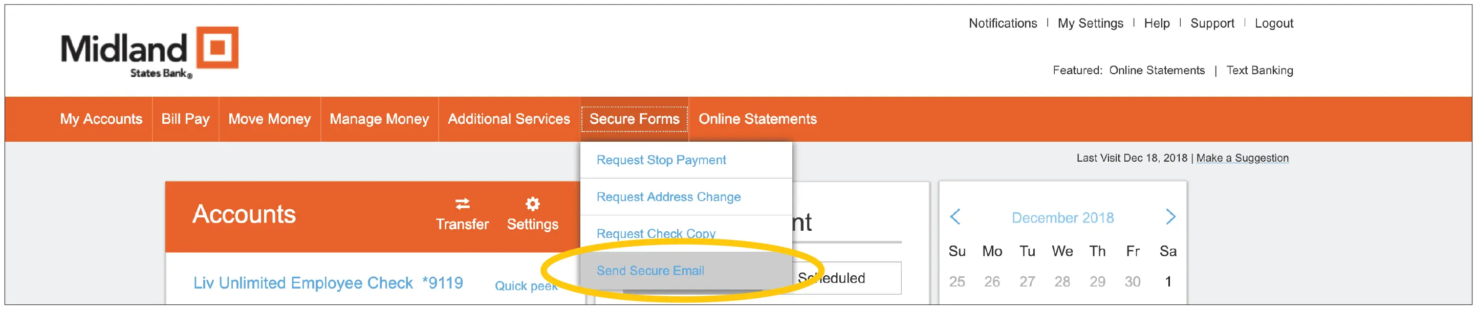 Screen capture showing send secure email link within online banking