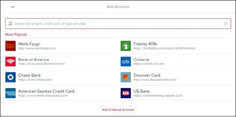 Screen capture of add an account page